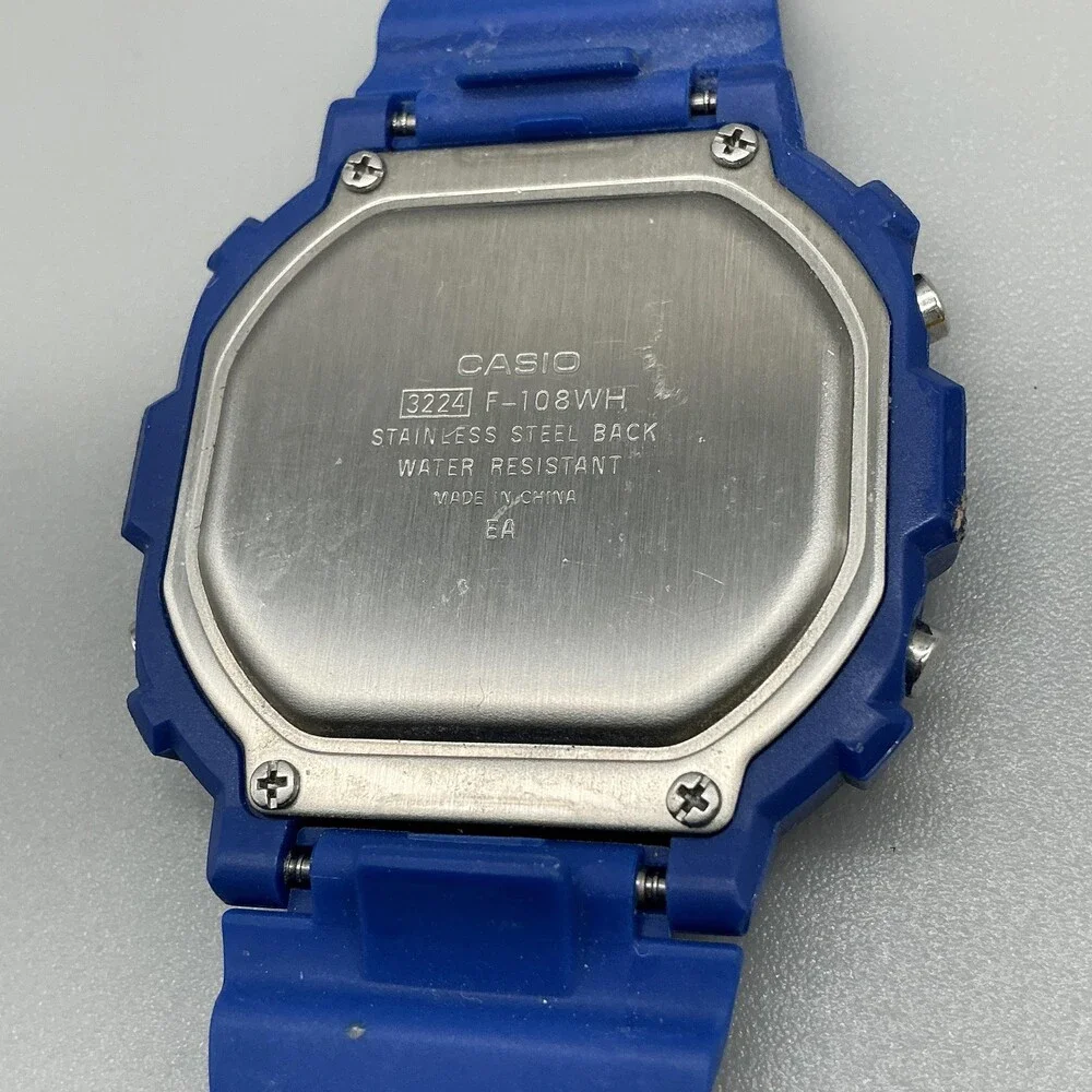 Casio F-108WH 3224 Mens Watch 42mm Gray Digital Blue Resin Day Date Illuminator